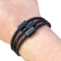 Men's Bracelet Black Leather Silver Adjustable with words of Focus, Strength, Faith, & Courage in Portuguese