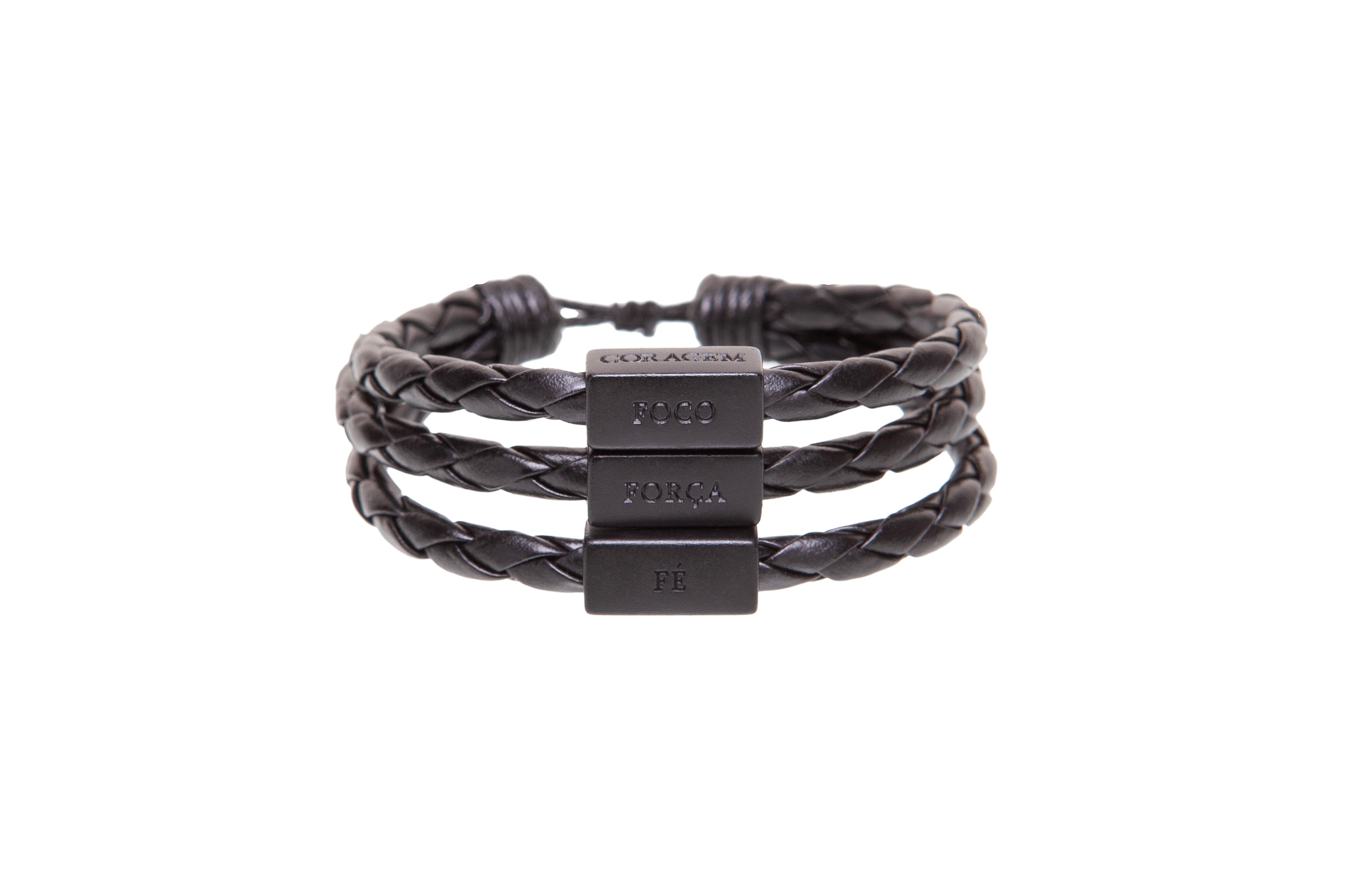 Men's Bracelet Black Leather Silver Adjustable with words of Focus, Strength, Faith, & Courage in Portuguese