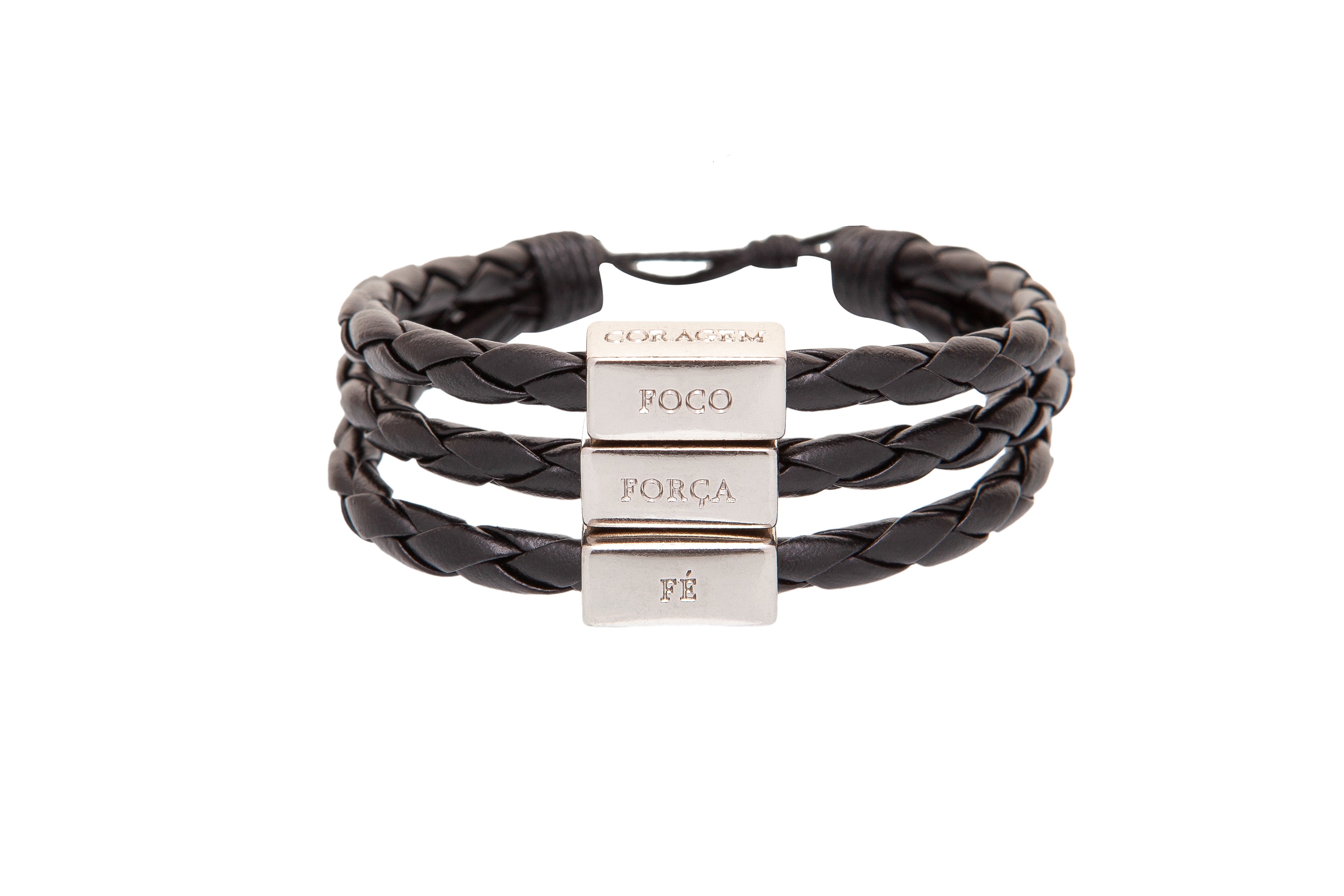 Men's Bracelet Black Leather Silver Adjustable with words of Focus, Strength, Faith, & Courage in Portuguese