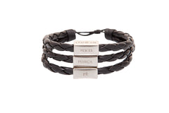 Men's Bracelet Black Leather Silver Adjustable with words of Focus, Strength, Faith, & Courage in Portuguese