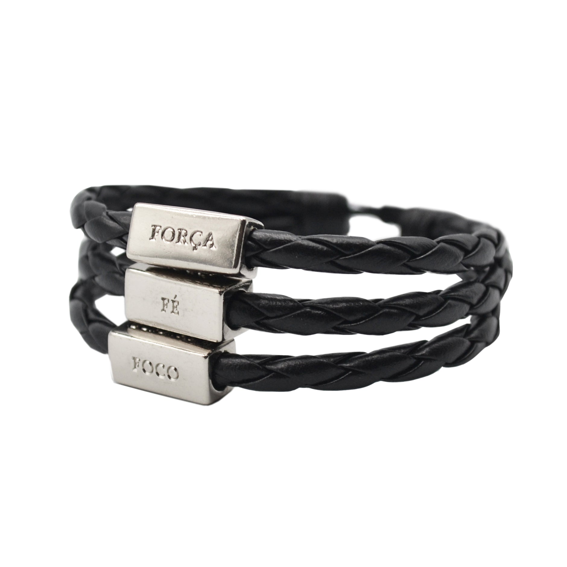 Men's Bracelet Black Leather Silver Adjustable with words of Focus, Strength, Faith, & Courage in Portuguese